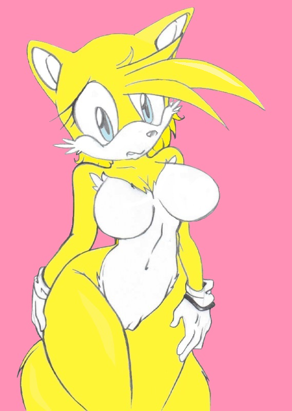 big_thighs blue_eyes breasts canine crossgender female fox fur gloves mammal miles_prower multiple_tails naturally_censored naturally_sensored pink_background plain_background pussy sega sonic_(series) wide_hips yellow_fur