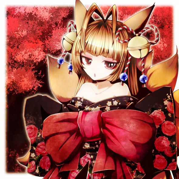animal_ears antenna_hair bare_shoulders bell blonde_hair fox_ears fox_tail hair_bell hair_ornament japanese_clothes jewelry long_hair multiple_tails no_nose open_mouth original purple_eyes r-e_(arui) ribbon solo tail undressing