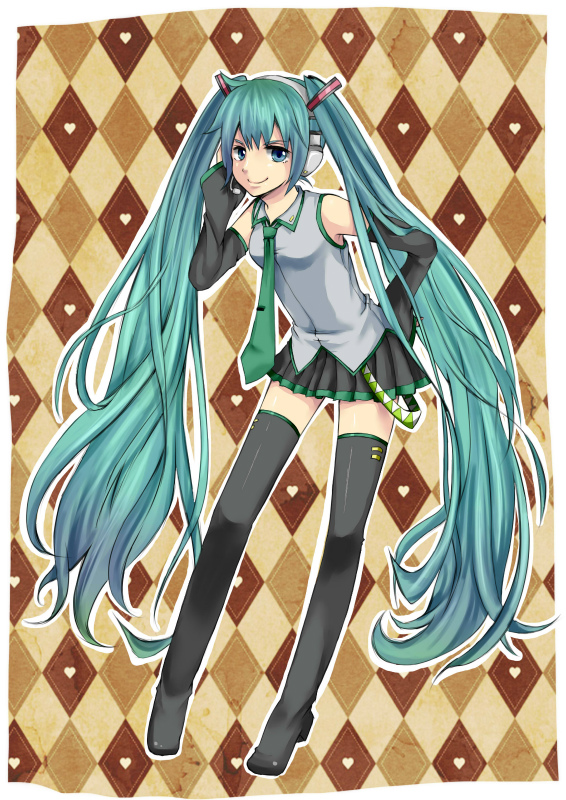 aqua_eyes aqua_hair argyle argyle_background boots detached_sleeves hand_on_hip hatsune_miku headset long_hair looking_at_viewer necktie shidou_riko skirt smile solo thigh_boots thighhighs twintails very_long_hair vocaloid