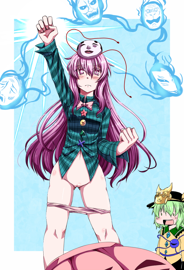 arm_up blush fox_mask green_hair hat hat_ribbon hata_no_kokoro komeiji_koishi kuon_yashiro long_hair mask multiple_girls new_mask_of_hope noh_mask panties panty_pull pink_eyes pink_hair plaid plaid_shirt pussy raised_fist ribbon shirt skirt skirt_removed third_eye touhou toyosatomimi_no_miko underwear