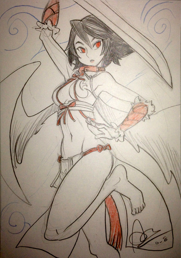 alex_ahad arm_up barefoot black_hair borrowed_character breasts center_opening collar fighting_stance halter_top halterneck kida_maraviss loincloth midriff navel original photo red_eyes short_hair sketch small_breasts solo sword tengu traditional_media vambraces weapon wings