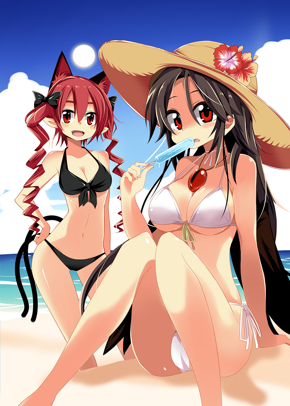 alternate_hairstyle animal_ears beach bikini black_bikini black_hair breasts cat_ears cat_tail cleavage day drill_hair extra_ears fang food front-tie_top hat highres kaenbyou_rin large_breasts long_hair looking_at_viewer maturiuta_sorato multiple_girls navel outdoors popsicle red_eyes red_hair reiuji_utsuho side-tie_bikini sitting smile sun_hat swimsuit tail touhou twin_drills twintails white_bikini wings