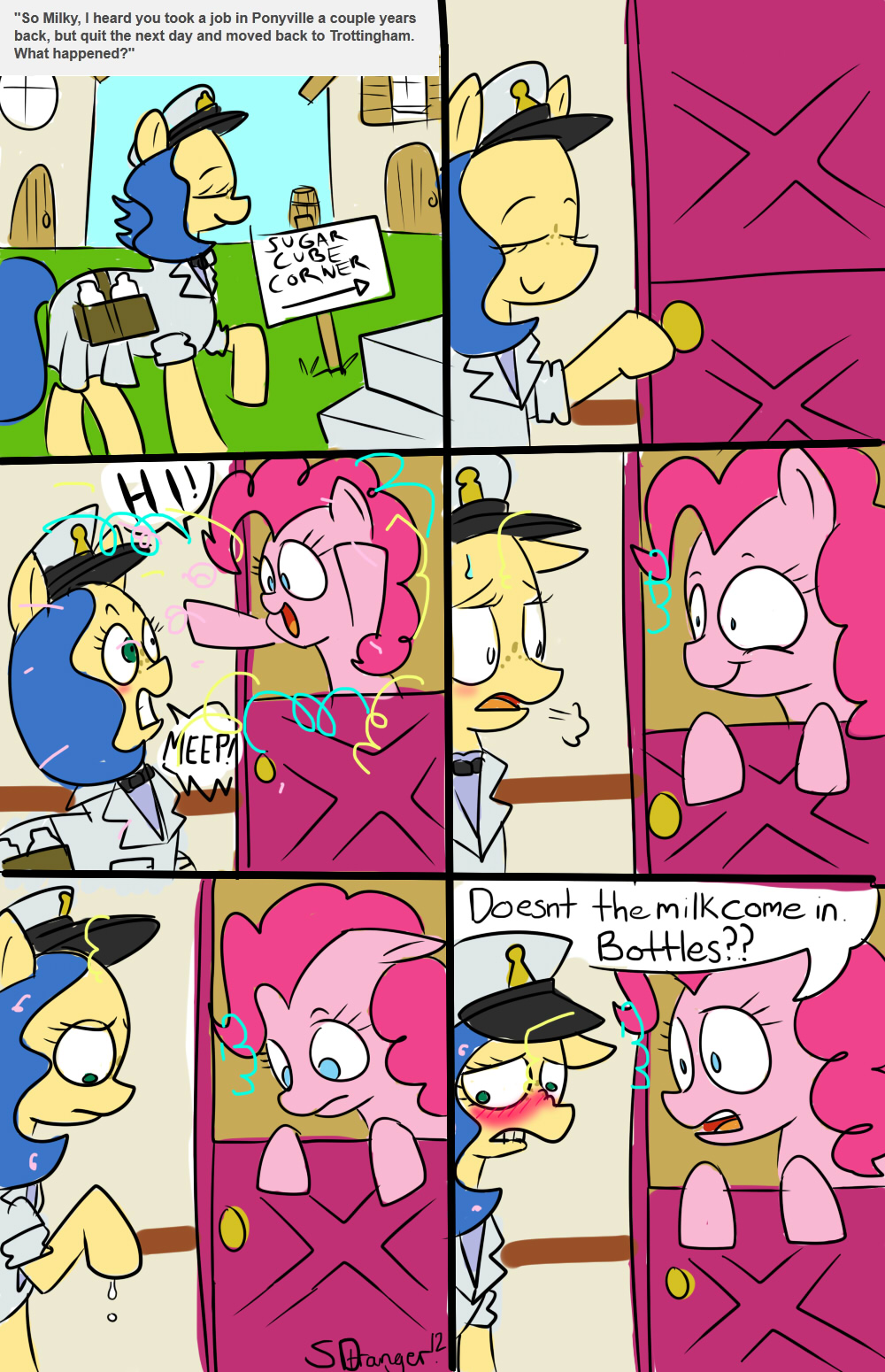 blue_eyes blue_hair blush building clothing comic dialog duo embarrassed english_text equine female feral freckles friendship_is_magic fur green_eyes hair hat horse mammal milk milky_way_(character) my_little_pony outside pink_fur pink_hair pinkie_pie_(mlp) pony strangerdanger suggestive text