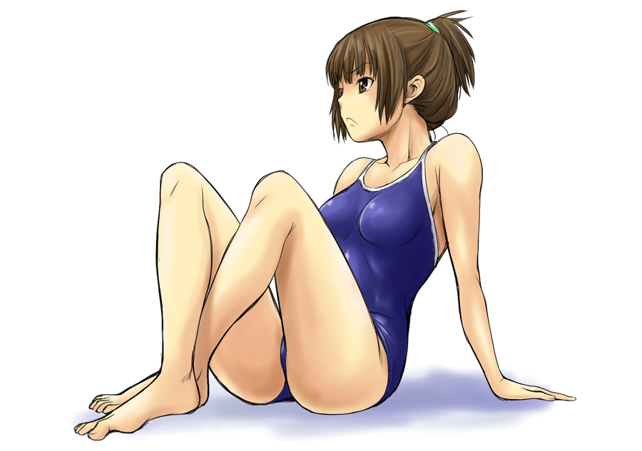 arm_support barefoot brown_eyes brown_hair competition_school_swimsuit kouda_tomohiro one-piece_swimsuit original school_swimsuit short_hair short_ponytail sitting solo swimsuit