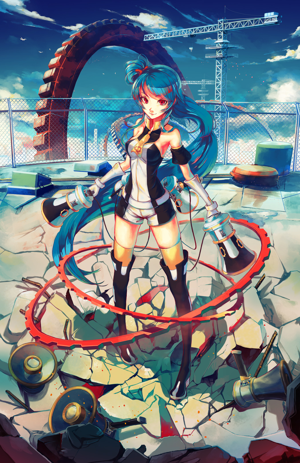 anime_revolution bare_shoulders blue_hair boots chain-link_fence cloud dual_wielding fence gears gloves ground_shatter highres holding long_hair mascot megaphone original pigeon-toed ponytail red_eyes rooftop saimon_ma senkaku_mei shorts sky smile solo thigh_boots thighhighs very_long_hair yellow_legwear
