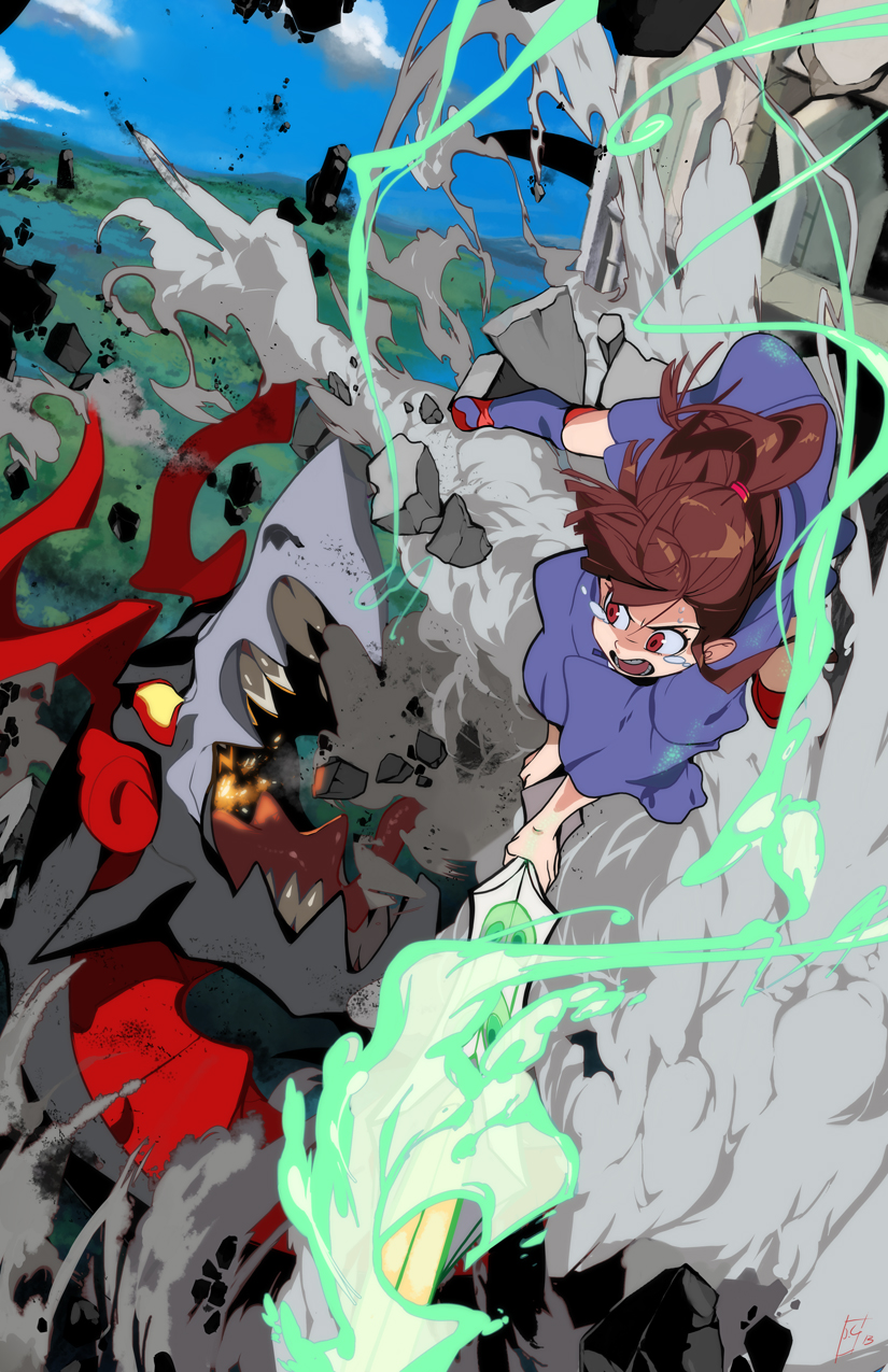 :d battle blue_dress dress electricity explosion flying full_body highres john_crayton kagari_atsuko little_witch_academia monster open_mouth outdoors smile smoke torch