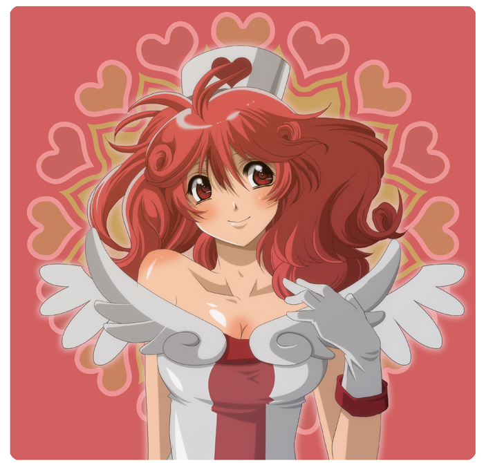 bare_shoulders breasts cleavage duel_monster gloves hat heart injection_fairy_lily medium_breasts nurse_cap red_eyes red_hair solo toniomi upper_body wings yuu-gi-ou