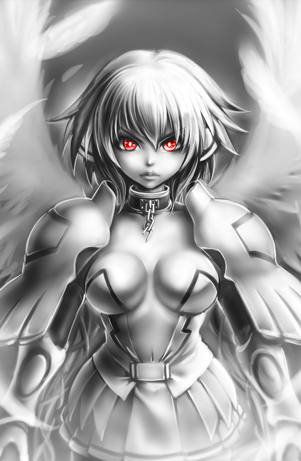 1girl breasts cleavage ikaros large_breasts lips monochrome red_eyes serious solo sora_no_otoshimono