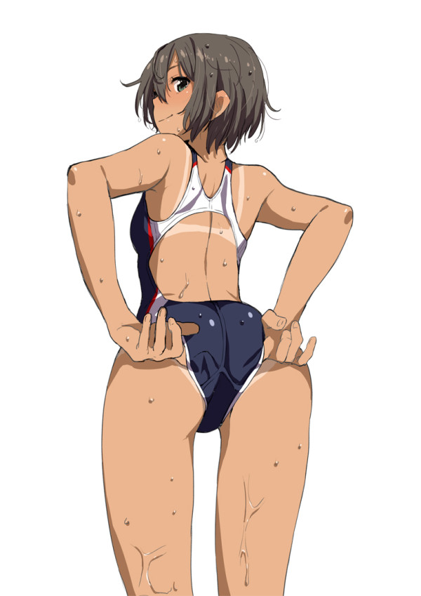 adjusting_clothes adjusting_swimsuit ass back brown_hair competition_swimsuit dark_skin green_eyes looking_back one-piece_swimsuit original saitou_masatsugu shiny shiny_skin short_hair smile solo swimsuit tan tanline wedgie