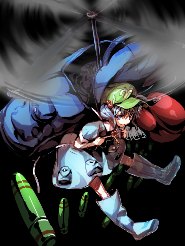 backpack bag benitama blue_eyes blue_hair blush bomb boots extra_arms hair_bobbles hair_ornament hat kawashiro_nitori key mechanical_arm pocket propeller rubber_boots short_hair short_sleeves smile solo touhou two_side_up