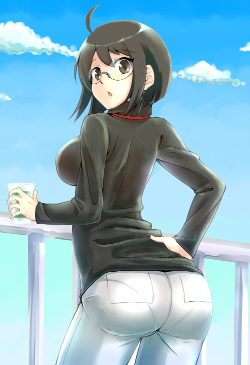 :&lt; :o ahoge arched_back ass bangs black_hair blue_sky bob_cut breasts brown_eyes cloud cowboy_shot cup day drink from_behind glasses hand_on_hip holding hourou large_breasts long_sleeves looking_at_viewer looking_back open_mouth outdoors pants pantylines railing servant_x_service short_hair sky standing surprised sweater tight tight_pants turtleneck yamagami_lucy