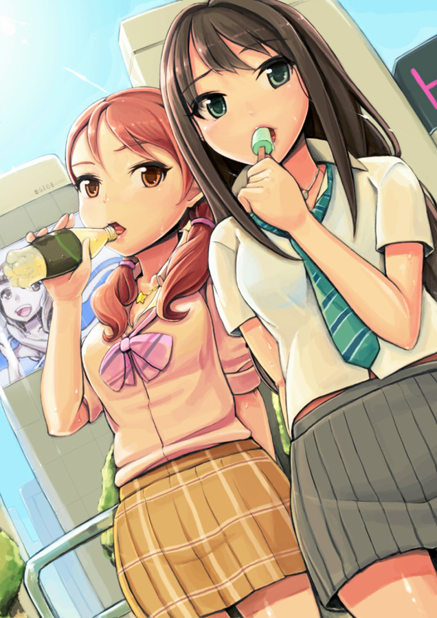 bottle brown_eyes brown_hair collarbone dress_shirt drinking eating food green_eyes houjou_karen idolmaster idolmaster_cinderella_girls long_hair multiple_girls necktie open_mouth plaid plaid_skirt popsicle red_hair school_uniform shibuya_rin shirt short_hair short_sleeves short_twintails skirt star striped striped_neckwear sweat twintails yuo0