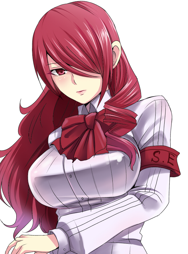 armband bow breasts hair_over_one_eye kirijou_mitsuru large_breasts long_hair looking_at_viewer megane_man persona persona_3 red_eyes red_hair school_uniform solo upper_body