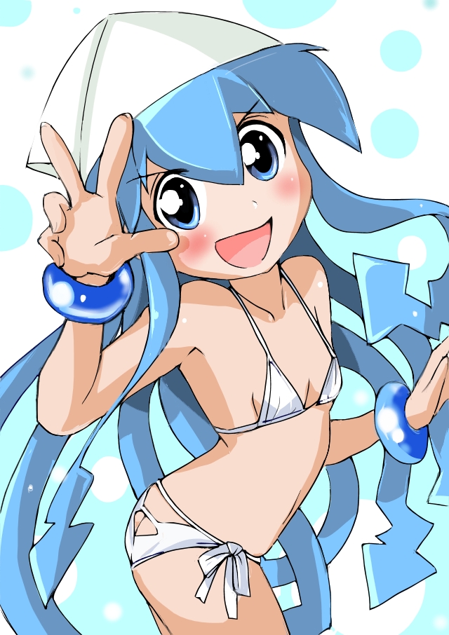 bikini blue_eyes blue_hair butt_crack hat ikamusume long_hair shinryaku!_ikamusume solo swimsuit t2 tentacle_hair v