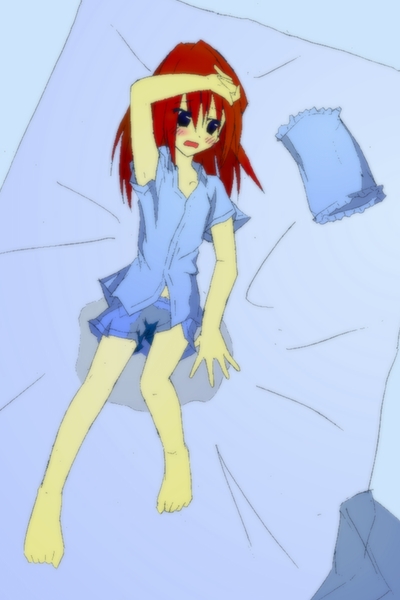 arm_up azukilib bangs barefoot bedwetting black_eyes blue_shirt blue_shorts blush character_request collarbone embarrassed eyebrows_visible_through_hair female flat_chest from_above full_body hair_between_eyes lying medium_hair on_back on_bed open_mouth pajamas peed_self pillow puddle red_hair shirt short_shorts short_sleeves shorts solo wet wet_clothes