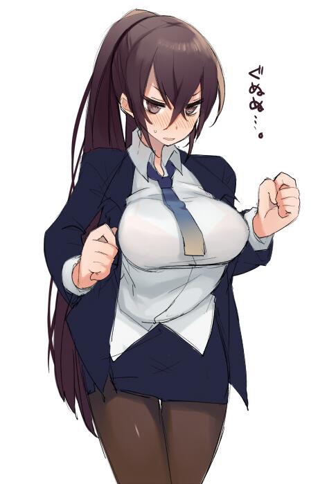 bad_id bad_pixiv_id blush brown_eyes brown_hair clenched_hands dress_shirt formal jacket k_(li) long_hair necktie office_lady original pantyhose pencil_skirt ponytail shirt simple_background skirt skirt_suit solo suit sweatdrop thigh_gap translated white_background