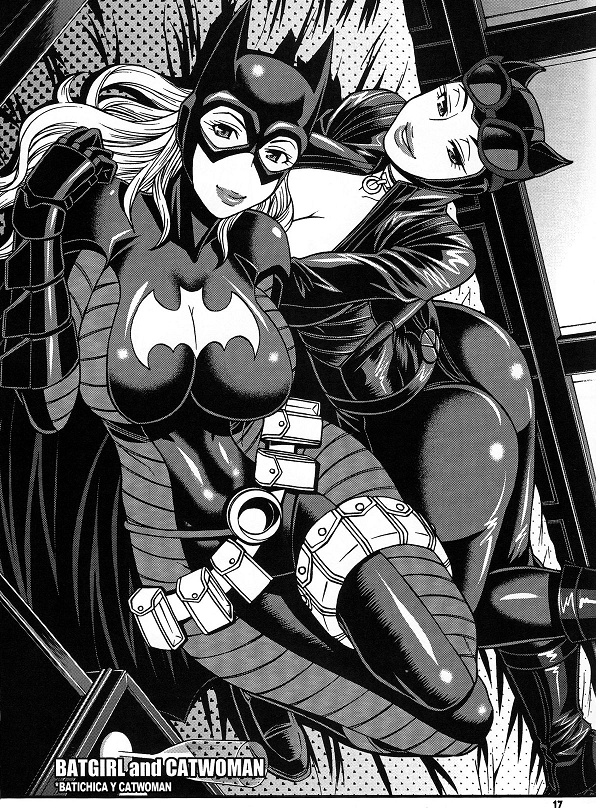 batgirl belt breasts catwoman chiba_toshirou dc_comics greyscale impossible_clothes large_breasts loose_belt mask monochrome multiple_girls stephanie_brown utility_belt
