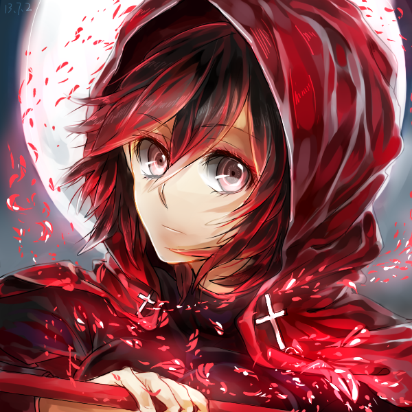 cape crescent_rose cross full_moon looking_at_viewer moon petals red_hair rose_petals ruby_rose rwby short_hair solo weapon
