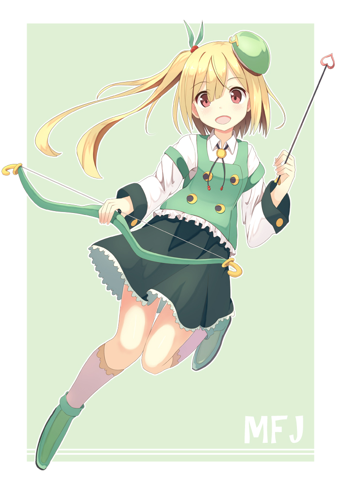 :d arrow between_fingers black_neckwear blonde_hair blush bolo_tie border bow_(weapon) collared_shirt full_body green_background green_footwear green_hat green_vest hat holding holding_arrow holding_bow_(weapon) holding_weapon kneehighs left-handed leg_up long_hair long_sleeves looking_at_viewer mf_bunko miniskirt momo_no_kanzume one_side_up open_mouth original outline outside_border red_eyes shirt short_hair_with_long_locks simple_background skirt smile solo vest weapon white_border white_legwear white_outline white_shirt