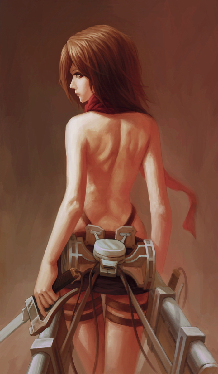 back brown_hair dual_wielding from_behind harness holding holding_sword holding_weapon looking_at_viewer looking_back mikasa_ackerman nose scarf shingeki_no_kyojin solo sword thigh_gap thigh_strap three-dimensional_maneuver_gear topless weapon yinanhuanle