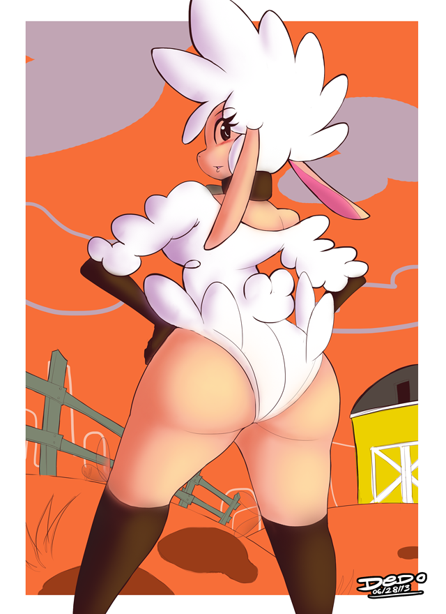 1girl ass blush butt caprine collar droopy farm female fluffy hands_on_hips leggy_lamb lionalliance looking_back mammal outside sheep sheep_girl sheep_wrecked solo thick_thighs wide_hips
