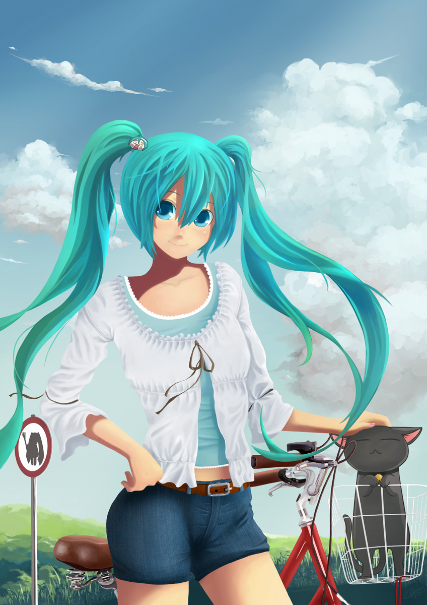 :&lt; aqua_eyes aqua_hair bangs basket bell bell_collar belt bicycle bicycle_basket blouse buckle cat character_hair_ornament choroshi cloud collar day denim denim_shorts grass ground_vehicle hachune_miku hair_between_eyes hair_ornament hand_on_hip hatsune_miku highres in_basket long_hair looking_at_viewer nail_polish outdoors petting pink_nails road_sign short_shorts shorts sign sky smile solo twintails vocaloid white_blouse
