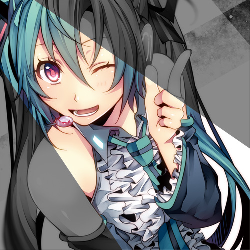 aqua_hair hatsune_miku headphones long_hair lowres necktie one_eye_closed purple_eyes shiomizu_(swat) smile solo twintails vocaloid