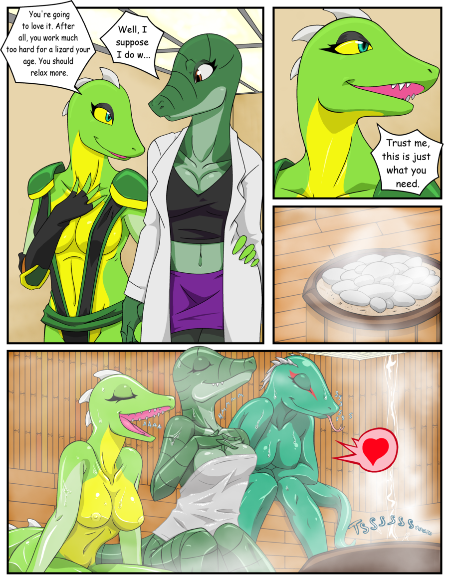 anthro breasts comic dialog english_text eyes_closed female h-picaso lizard nipples non-mammal_breasts nude reptile sauna scalie snake steam sweat text towel