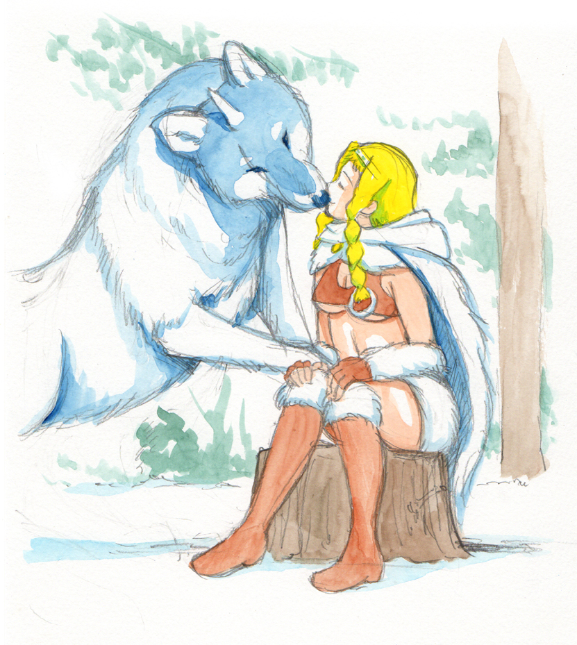 animal bestiality blonde_hair boots breasts cape caracol closed_eyes dog fingerless_gloves gloves kiss large_breasts leina long_hair queen's_blade sitting traditional_media tree_stump underboob watercolor_(medium) wolf