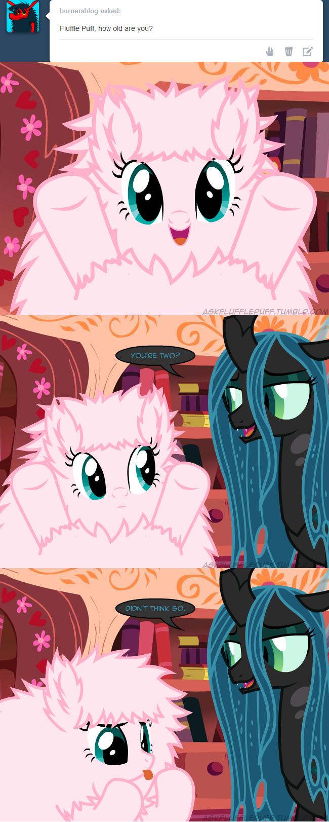 blue_eyes changeling duo equine fangs female feral fluffle_puff fluffy friendship_is_magic green_eyes green_hair hair horn horse mammal mixermike622 my_little_pony open_mouth pink_hair pony queen_chrysalis_(mlp) tongue tongue_out tumblr