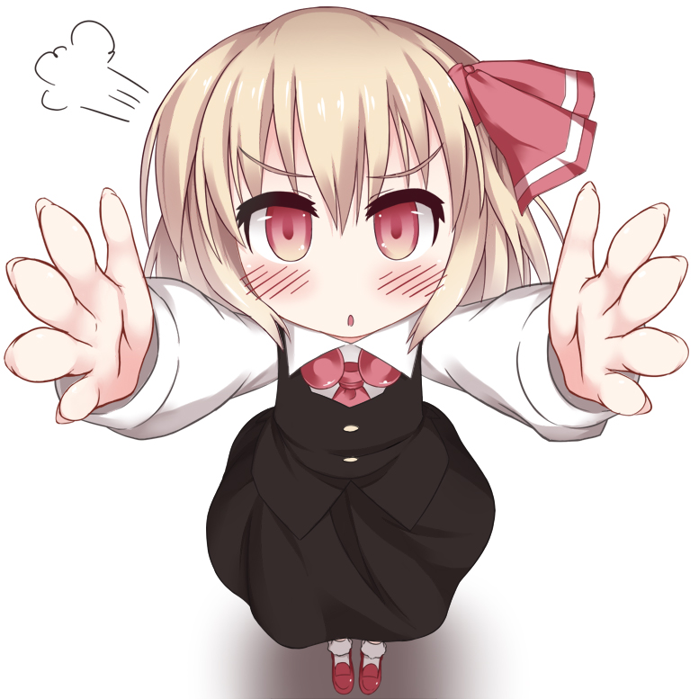 :o annoyed blonde_hair blush carry_me dress hair_ribbon outstretched_arms razy_(skuroko) red_eyes ribbon rumia short_hair smile solo touhou v-shaped_eyebrows