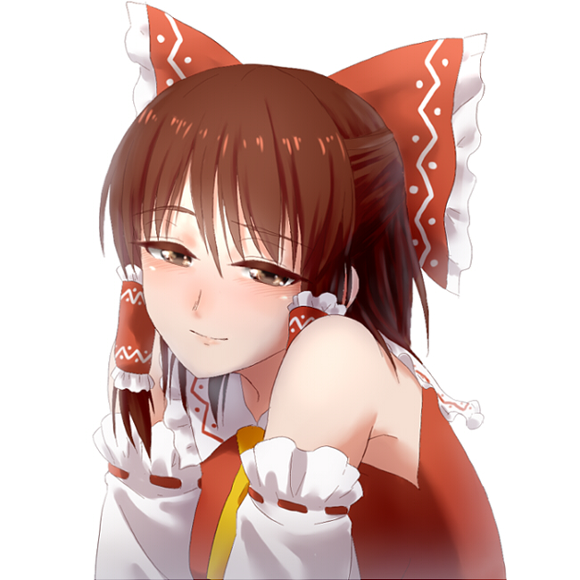 ascot blush bow brown_eyes brown_hair detached_sleeves dress hair_bow hair_tubes hakurei_reimu looking_at_viewer nathaniel_pennel red_dress simple_background smile solo touhou upper_body white_background