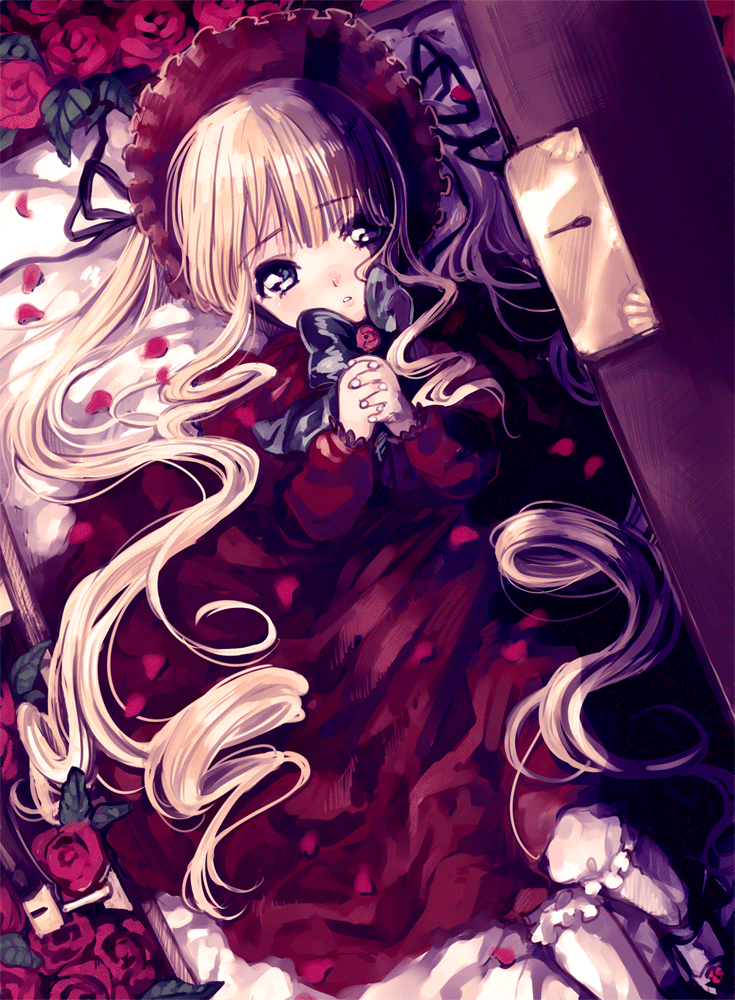 amezawa_koma blonde_hair bow box flower hands_clasped hands_on_own_chest hat in_container interlocked_fingers lolita_fashion long_hair looking_at_viewer lying on_back opening own_hands_together petals red_eyes red_flower red_rose rose rozen_maiden shinku solo twintails very_long_hair