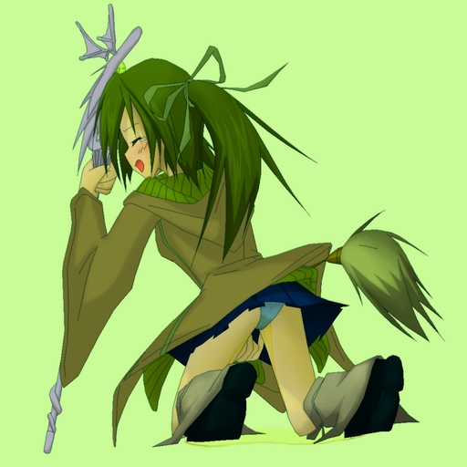 azukilib bangs between_legs black_footwear blue_panties blue_skirt blush breasts brown_coat coat embarrassed eyes_closed female from_behind full_body green_background green_hair green_ribbon grey_legwear hair_ribbon hand_between_legs hand_up have_to_pee holding holding_staff kneehighs kneeling long_sleeves miniskirt open_mouth panties peeing peeing_self pleated_skirt puddle ribbon shoes sideways_mouth simple_background skirt small_breasts solo staff tears tied_hair twintails underwear upskirt wet wet_clothes wet_panties wynn yu-gi-oh!
