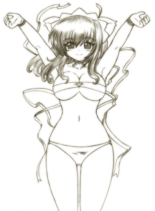 animal_ears arms_up blush breasts cleavage collarbone cowboy_shot gomamiso_(gomamiso_sp) kokubunji_koyori large_breasts long_hair looking_at_viewer midriff monochrome navel nurse_witch_komugi-chan ribbon simple_background smile solo standing stomach thigh_gap white_background