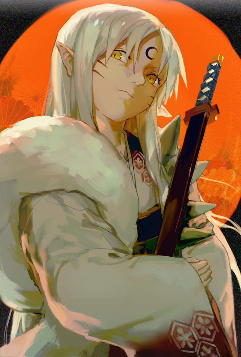 1boy closed_mouth forehead_mark inuyasha long_hair looking_at_viewer male male_focus par. par? parã€‚ pointy_ears sesshoumaru slit_pupils solo straight_hair sword traditional_clothes weapon white_hair