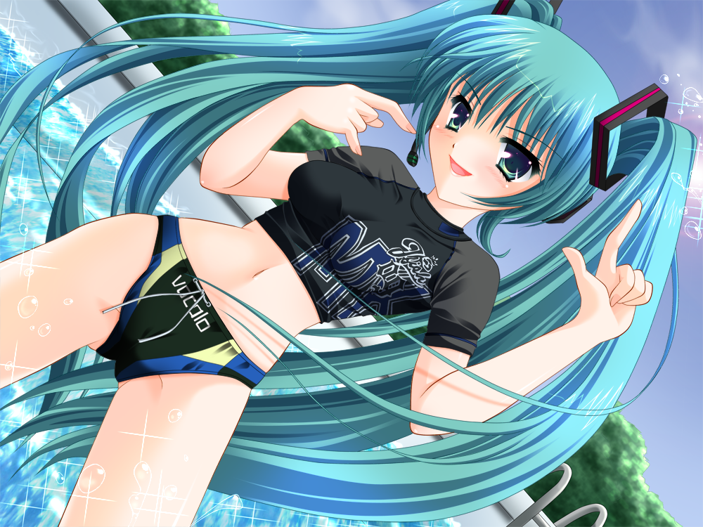 cameltoe green_hair hatsune_miku long_hair shirt speedo swim_briefs swimsuit vocaloid