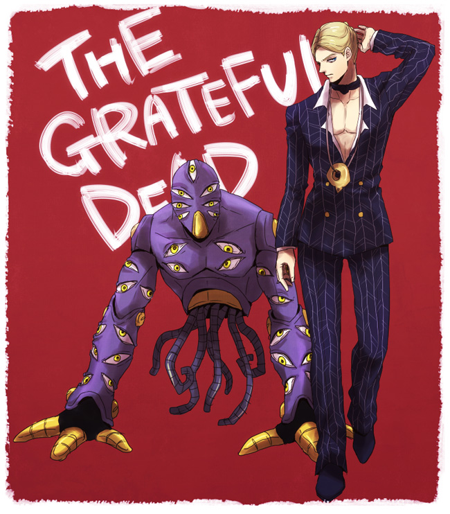 afjc blonde_hair formal jewelry jojo_no_kimyou_na_bouken necklace prosciutto stand_(jojo) suit the_grateful_dead_(stand)