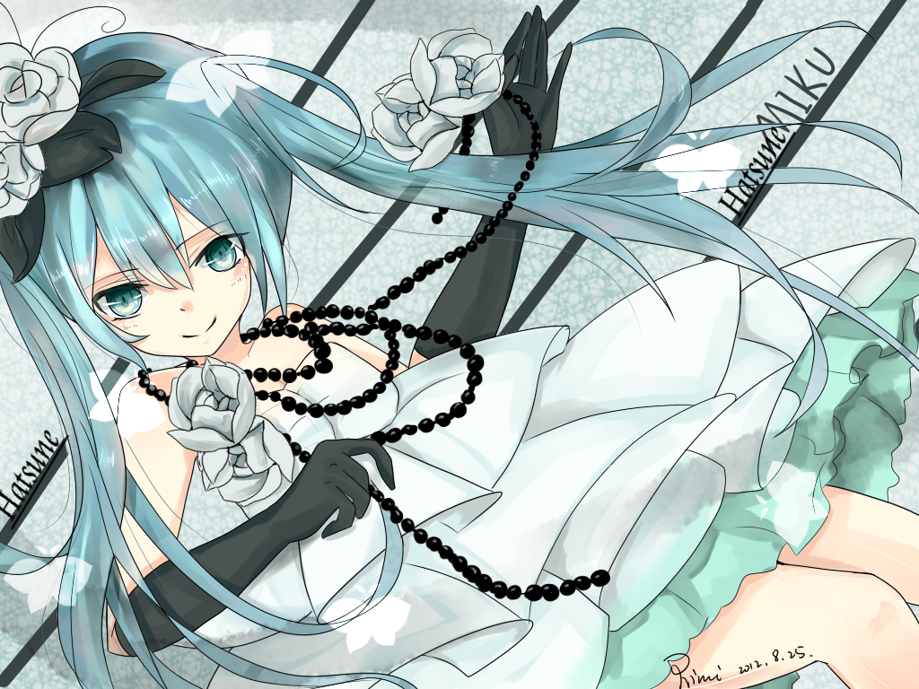2012 aqua_eyes aqua_hair artist_name character_name dated dress elbow_gloves gloves hatsune_miku jewelry long_hair necklace rimi_(117412107) smile solo twintails vocaloid