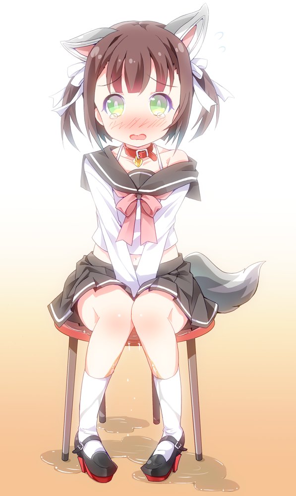 animal_ears azur_lane bangs between_legs black_footwear black_skirt blush bow bowtie bra bra_strap brown_hair cat_ears chair collar collarbone dog_tail embarrassed eyebrows_visible_through_hair female flying_sweatdrops full_body gradient gradient_background green_eyes hair_ribbon hand_between_legs hands_together have_to_pee high_heels jpeg_artifacts kneehighs knees_together_feet_apart long_sleeves looking_at_viewer midriff miniskirt navel nose_blush off_shoulder open_mouth peeing peeing_self pigeon-toed pink_neckwear platform_footwear pleated_skirt puddle ratryu ribbon school_uniform serafuku shiny shiny_hair shiratsuyu_(azur_lane) shirt shoes short_hair short_twintails simple_background sitting skirt solo tail tears tied_hair twintails underwear v_arms wet wet_clothes white_bra white_legwear white_ribbon white_shirt