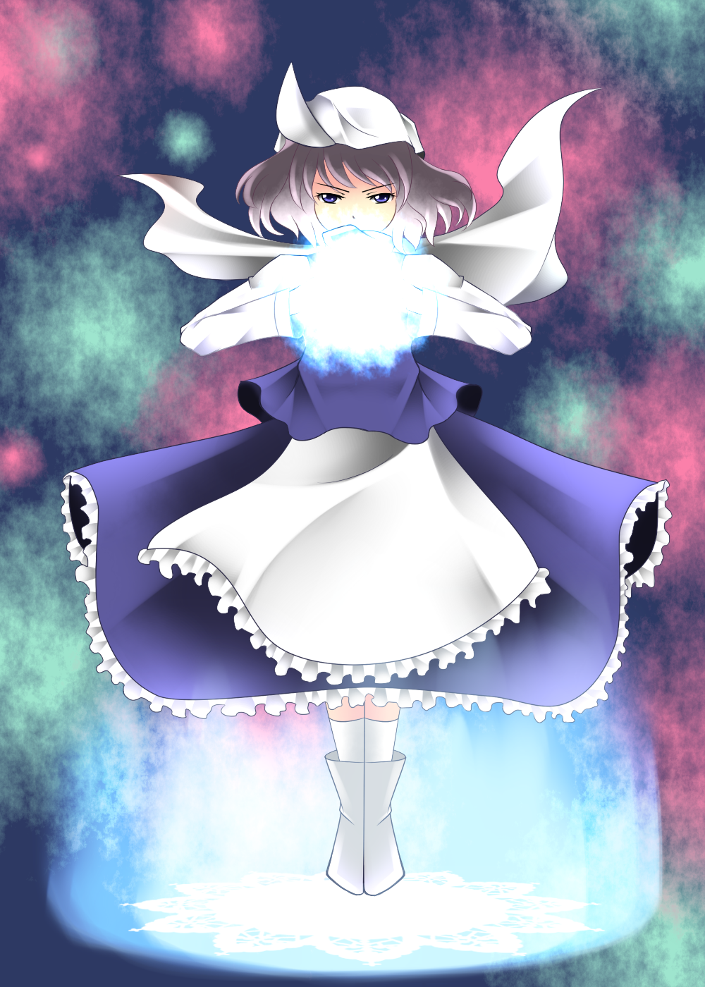 apron arms_up aura blue_eyes boots covering_mouth hat highres lavender_hair letty_whiterock light looking_at_viewer multicolored multicolored_background sag_(tkddkrja) scarf short_hair skirt skirt_set snowflakes socks solo touhou waist_apron