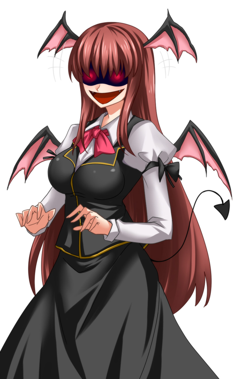 :d bat_wings breasts brown_hair demon_tail fangs flapping glowing glowing_eyes head_wings highres koakuma large_breasts long_hair long_skirt open_mouth rape_face red_eyes shaded_face skirt smile solo tail touhou very_long_hair wings yagami_(mukage) you_gonna_get_raped