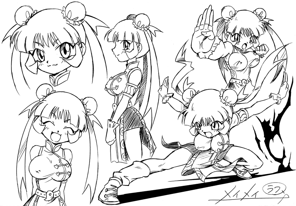 1girl arukime beyblade breasts bun_cover china_dress chinese_clothes double_bun dress martial_arts mei_mei_(beyblade) metal_fight_beyblade monochrome open_mouth solo