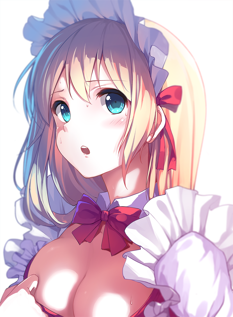 :o blonde_hair blue_eyes blush bow bowtie breasts caidychen centimetre cleavage collaboration headdress hot large_breasts long_hair looking_at_viewer maid_headdress open_mouth original simple_background solo_focus sweat upper_body white_background