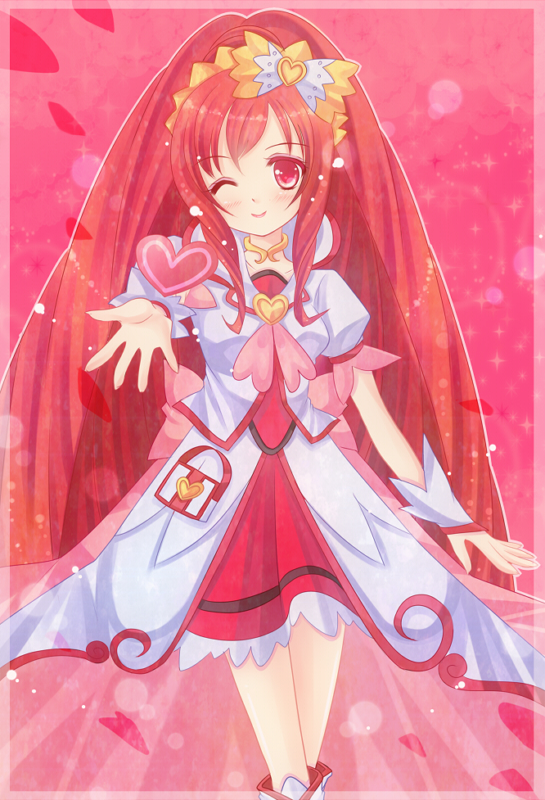;) boots bow brooch choker cure_ace dokidoki!_precure hair_bow heart hiri_(hiria753) jacket jewelry knee_boots long_hair madoka_aguri magical_girl one_eye_closed petals ponytail precure puffy_sleeves red_eyes red_hair red_skirt skirt smile solo
