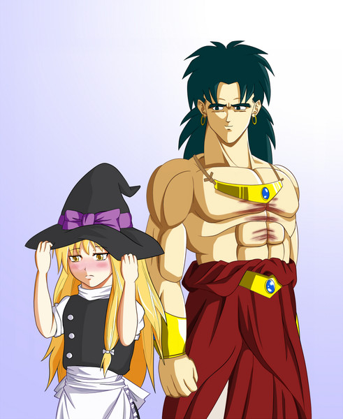 1girl black_eyes blonde_hair blush bracelet broly crossover dragon_ball dragon_ball_z dress earrings happy hat image_sample jewelry kirisame_marisa moyatto muscle necklace puffy_sleeves ribbon smile spiked_hair thumbnail touhou witch witch_hat yellow_eyes