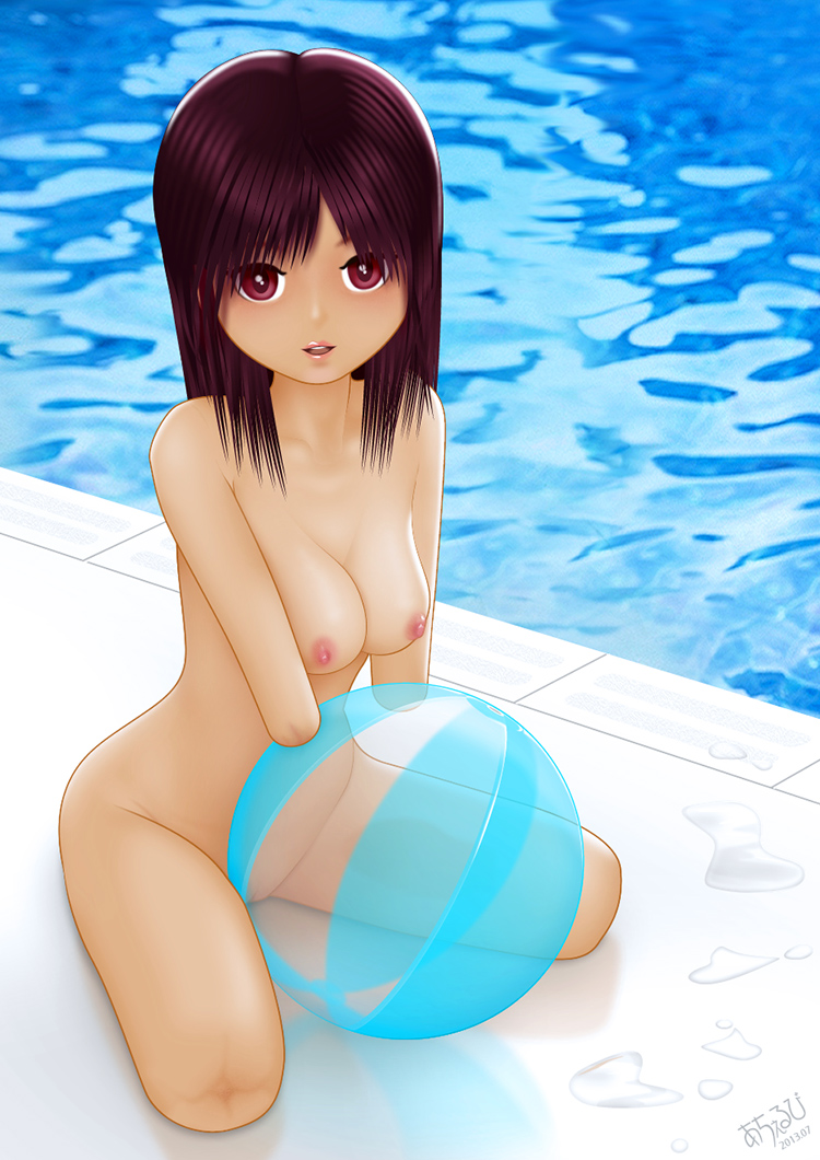 1girl acerbi amputee ball beachball breasts female looking_at_viewer nipples nude pool purple_hair quadruple_amputee red_eyes short_hair solo uncensored water