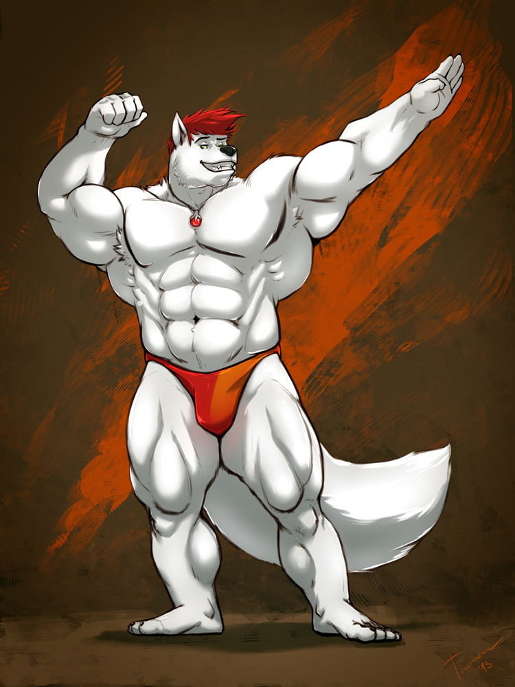 2013 abs biceps big_muscles black_nose canine hair male muscles necklace pecs red_hair solo taoren topless wolf
