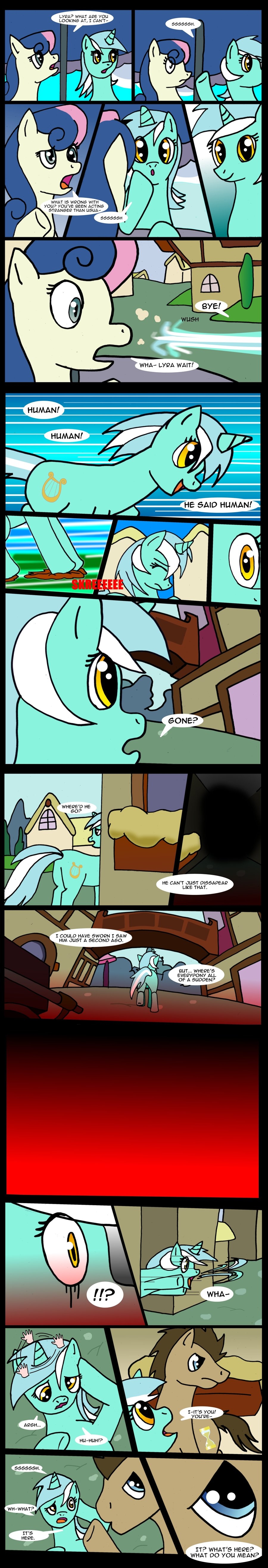 blue_eyes bonbon_(mlp) brown_fur brown_hair building comic cutie_mark dialog doctor_whooves_(mlp) edowaado english_text equine eyes female feral friendship_is_magic fur green_fur group hair horn horse lyra_(mlp) lyra_heartstrings_(mlp) male mammal my_little_pony outside pony running smile text two_tone_hair unicorn white_fur yellow_eyes