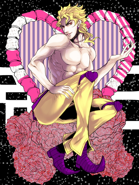 blonde_hair dio_brando jojo_no_kimyou_na_bouken male_focus muscle pointy_shoes red_eyes shirtless shoes solo suimin_busoku